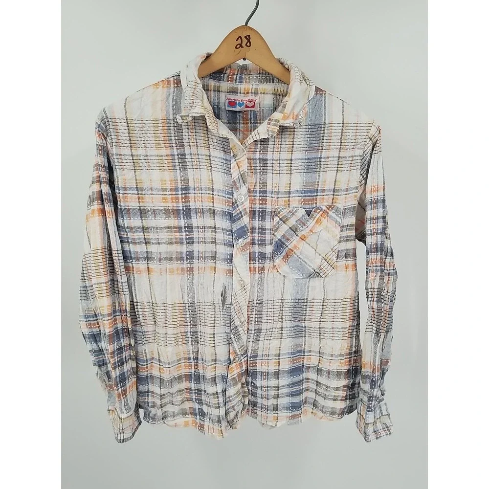 American Sweetheart Womens Plaid Long‎ Sleeve Button Up Distressed Shirt - Picture 6 of 9